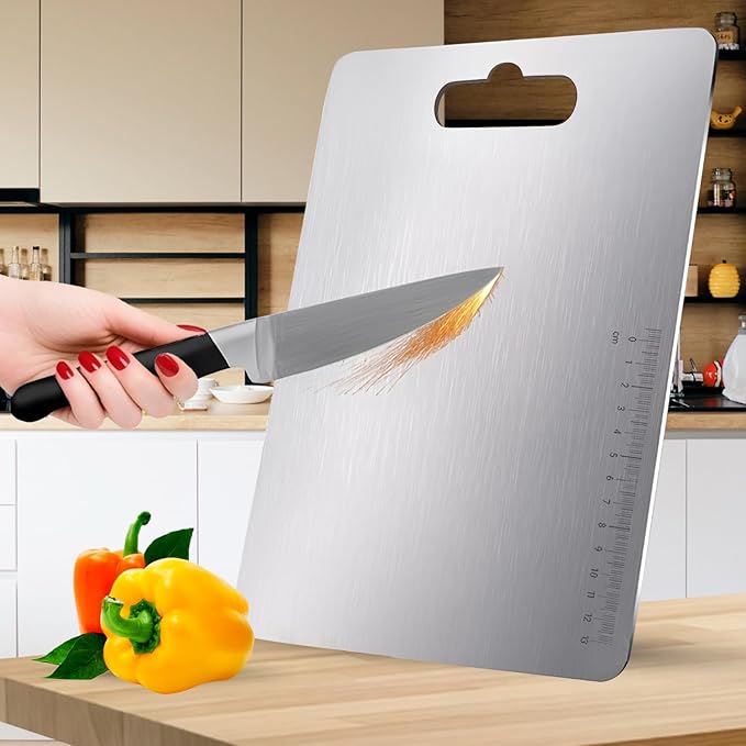 CANWAY® Stainless Steel Chopping Board 36x25 cm with Handle | Anti-Slip Cutting Board for Kitchen | Hygienic & Easy to Clean | Ideal for Vegetables, Fruits & Meat